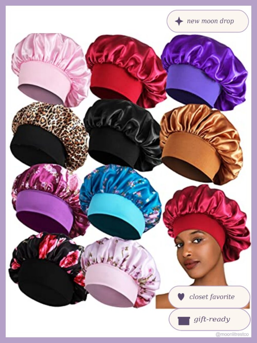 10 Pack Satin Bonnets for Sleeping Wide Band Hair Bonnets
